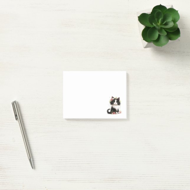 Bloco De Notas Adorável Tuxedo Kitten com Flores (Escritótio)