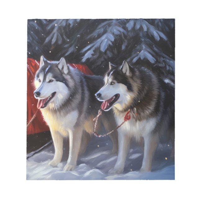 Bloco De Notas Alaskan Malamute Snowy Sleigh no Natal (Frente)