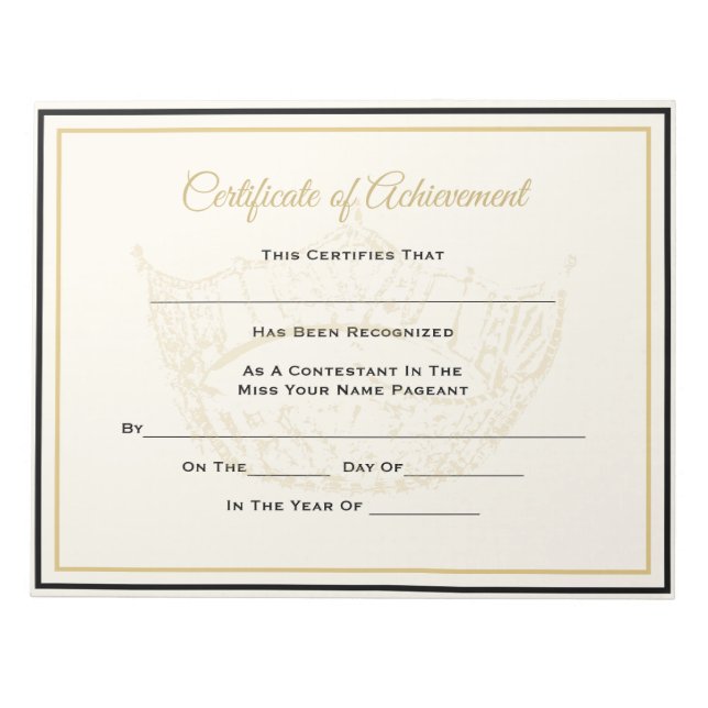 Bloco De Notas Alcance do Certificado Coroa Americano Pageant (Frente)