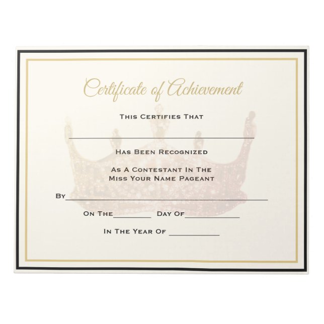Bloco De Notas Alcance do Certificado Coroa Americano Pageant (Frente)