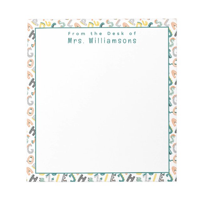 Bloco De Notas Alfabeto Dinossauro Bonito - Da Mesa do Professor (Frente)