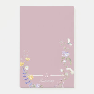 Bloco De Notas Algodão Botânico da Borboleta Floral Rosa Monogram
