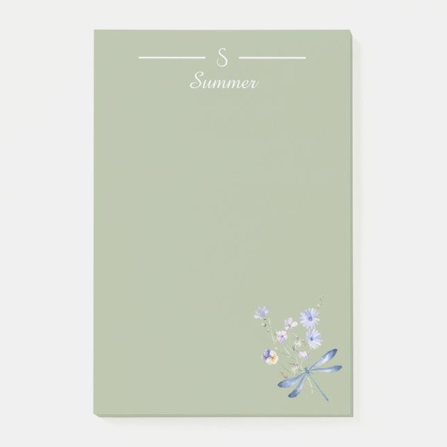 Bloco De Notas Algodão Botânico do Dragonista Floral Verde Monogr (Frente)