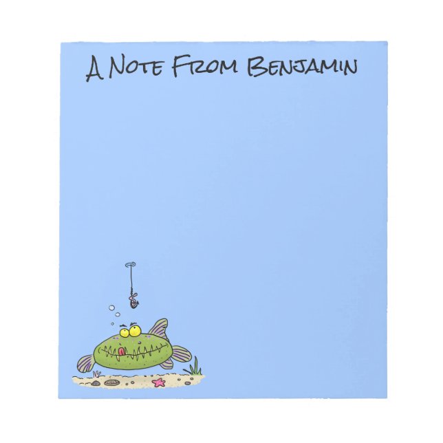 Bloco De Notas Animação de peixe verde esfomeado e gordo (Frente)