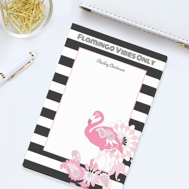 Bloco De Notas Apenas Vibes de Flamingo Rosa Listras Preto e Bran (Criador carregado)