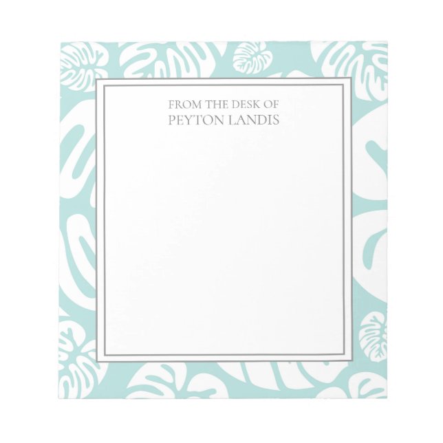 Bloco De Notas Aqua Azul Branco Folhas Tropicais Monstro Mesa de (Frente)
