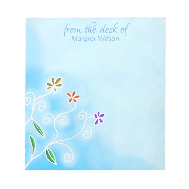 Bloco De Notas Aquarela Azul com Flores Caprichosas (Frente)