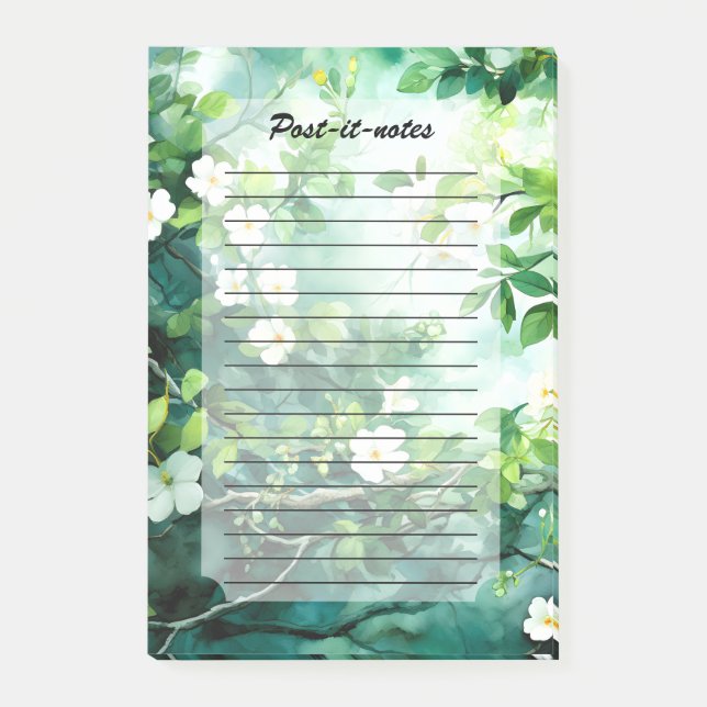 Bloco De Notas Aquarela Botânica Flores Brancas Folhas Verdes (Frente)