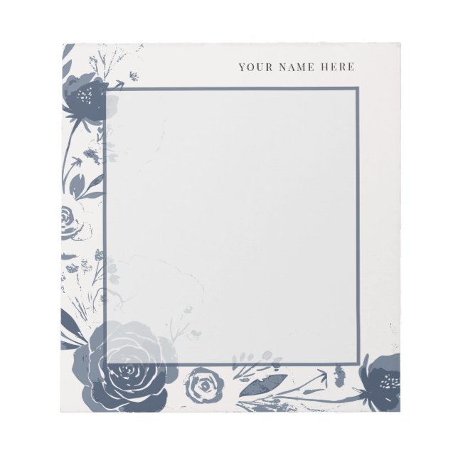 Bloco De Notas Aquarela Floral Azul Marinho com Nome (Frente)
