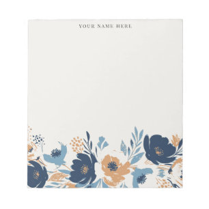 Bloco De Notas Aquarela Floral em Azul Desbotado e Laranja com No