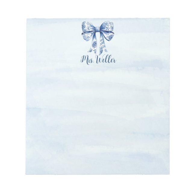 Bloco De Notas Arco de coquete azul personalizado Novo professor (Frente)