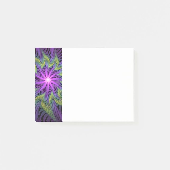 Bloco De Notas Arte abstrata fractal moderna flor roxa verde (Frente)