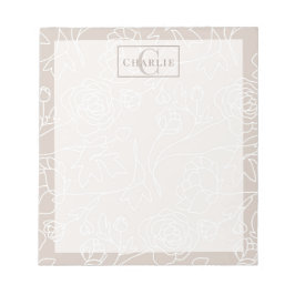 Bloco De Notas Arte em Linha Floral Bege, Monograma Personalizado