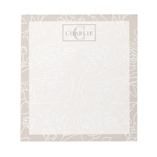 Bloco De Notas Arte em Linha Floral Bege, Monograma Personalizado