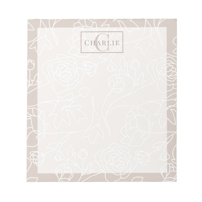 Bloco De Notas Arte em Linha Floral Bege, Monograma Personalizado (Frente)
