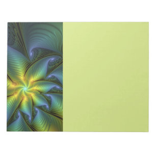 Bloco De Notas Arte fractal abstrata dourada azul-verde brilhante