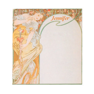 Bloco De Notas Arte Nova Antiga Mucha Rapariga Laranja & Vinha