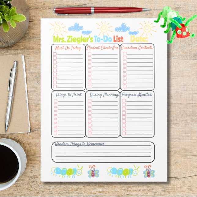Bloco De Notas Arte personalizada de lápis a dó de professor (Fully Customizable Personalized Teacher To Do List with crayon drawings for elementary teacher)