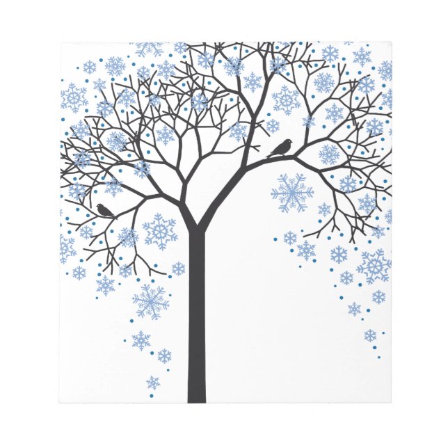 Bloco De Notas Árvore de inverno com flocos de neve e pássaros (Frente)