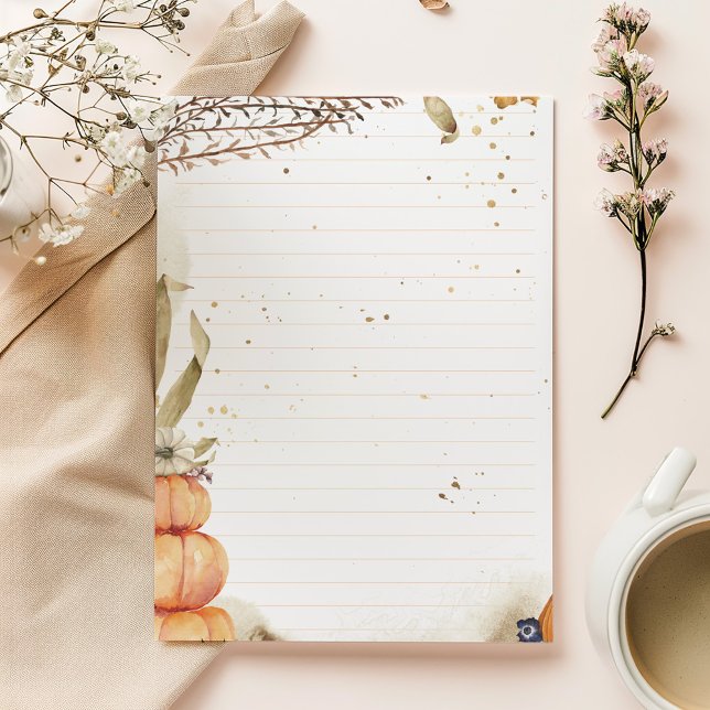 Bloco De Notas Autumn / Fall with pumpkins and leaves lined (Elegant gold botanical lined notepad with minimalist design and modern charm.)