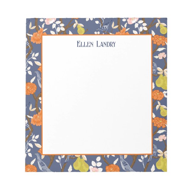 Bloco De Notas Aves de Chinoiserie Laranja e Azul (Frente)