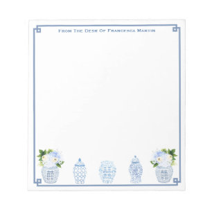 Bloco De Notas Azul e Branco Aquarela Chinoiserie Personalizado
