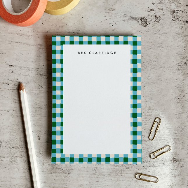 Bloco De Notas Azul e Verde Xadrez Personalizado (Blue and Green Checkered Personalized Post-it Notes)
