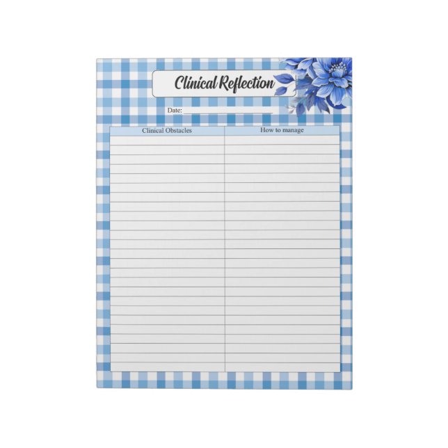 Bloco De Notas Azul Floral Gingham_ Reflexão Clínica (Invertido)