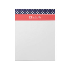 Bloco De Notas Azul Marinho Branco Bolinhas Coral Monograma Nome