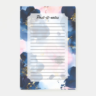 Bloco De Notas Azul Marinho Rosa Bege Dourado Floral Aquarela