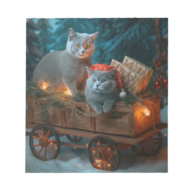Bloco De Notas Azul Russo Gato Snowy Sleigh Decência de Natal (Frente)