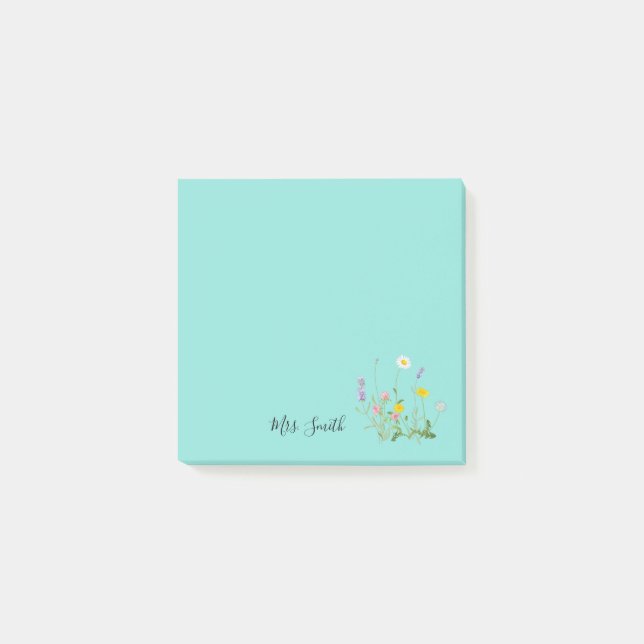 Bloco De Notas Azul-Teal de Monograma Floral Personalizado (Frente)