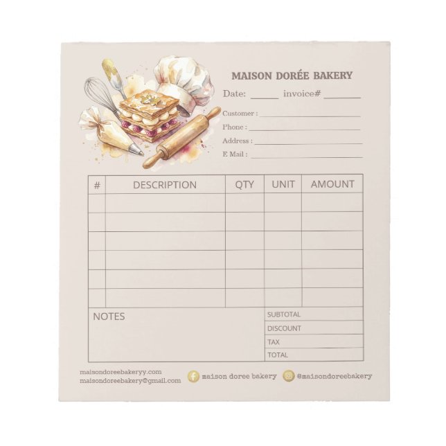 Bloco De Notas Bakery Pastry Chef Invoice Sale Order Form Receipt (Frente)