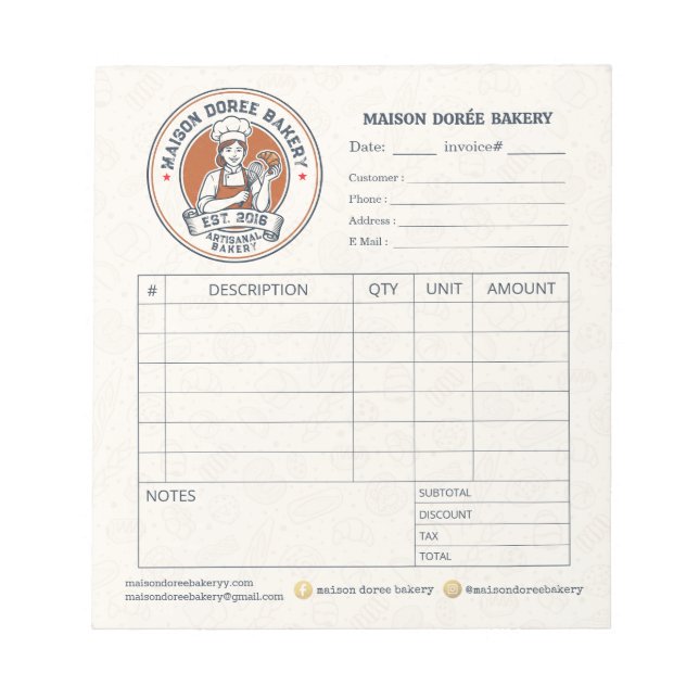 Bloco De Notas Bakery Pastry Chef Invoice Sale Order Form Receipt (Frente)