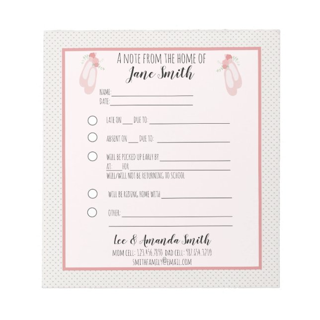 Bloco De Notas Balé de pantufas escolares Nota com Licença 1 Cria (Frente)