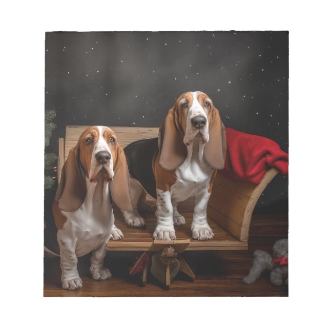 Bloco De Notas Basset Hound Snowy Sleigh Decência de Natal (Frente)