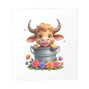 Bloco De Notas Bebê Fofo Vaca Highland Com Flores Bezerro Animal