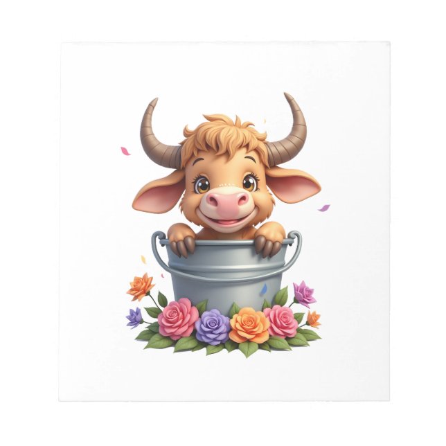 Bloco De Notas Bebê Fofo Vaca Highland Com Flores Bezerro Animal  (Frente)