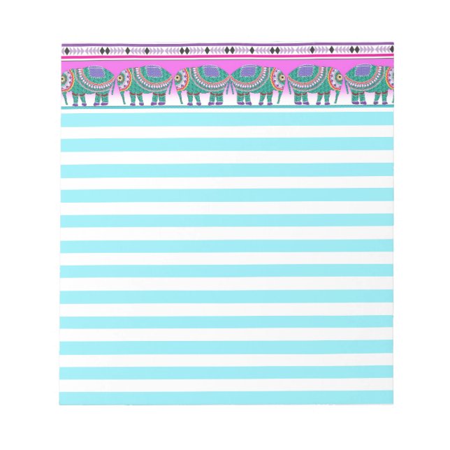 Bloco De Notas Belo Ornamentado Elefantes Aqua Stripes (Frente)