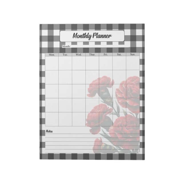 Bloco De Notas Black n White Floral Gingham _ Planejador Mensal (Invertido)