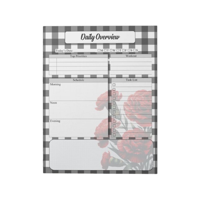Bloco De Notas Black n White Floral Gingham _ Visão geral diária (Invertido)