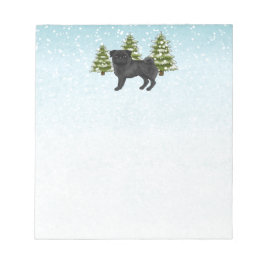 Bloco De Notas Black Pug Cute Cartoon Dog Snowy Winter Forest