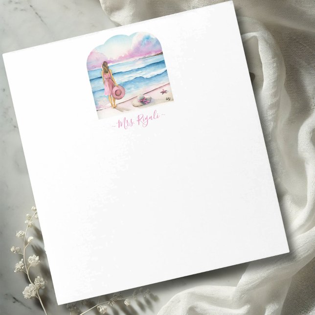 Bloco De Notas Blocos de Notas Personalizados e Bonitos Ofertas d (custom notepad features watercolor woman on the beach in shades of pink & blue Victoria Grigaliunas)