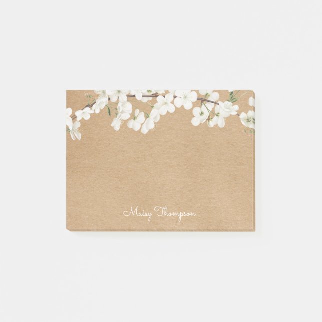 Bloco De Notas Blossom Branco Script Kraft Rústico Nome (Frente)