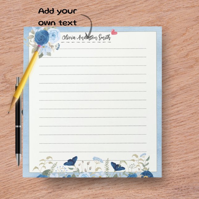 Bloco De Notas Blue Beige Floral Heart Custom Name Notepad (Blue Beige Floral Heart Custom Name Notepad)