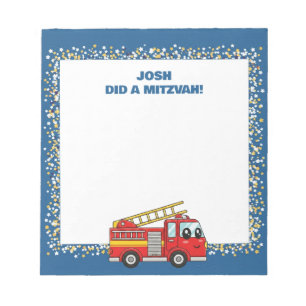 Bloco De Notas Blue FirefIghter Fire Truck Personalizado Mitzvah