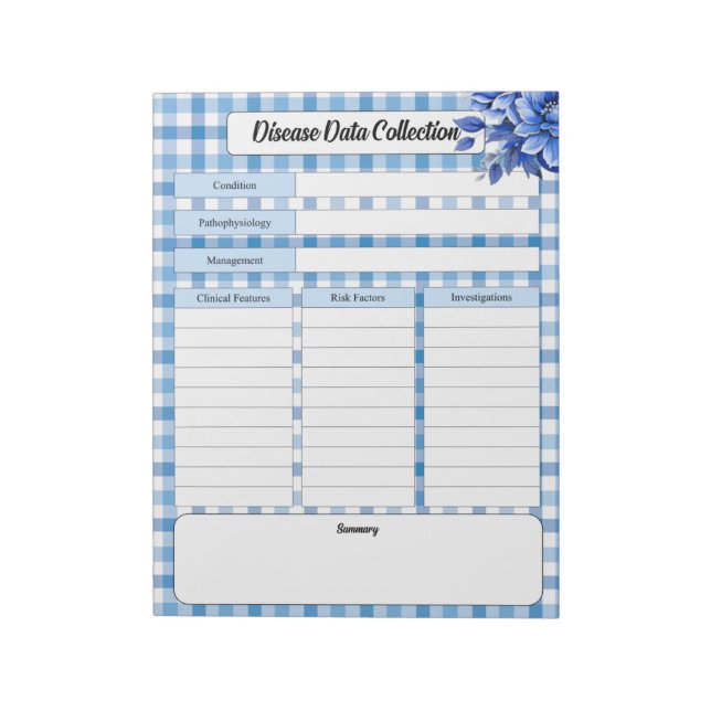 Bloco De Notas Blue Floral Gingham _ Coleta de Dados sobre Doença (Invertido)
