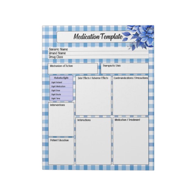 Bloco De Notas Blue Floral Gingham - Modelo de Medicação (Invertido)