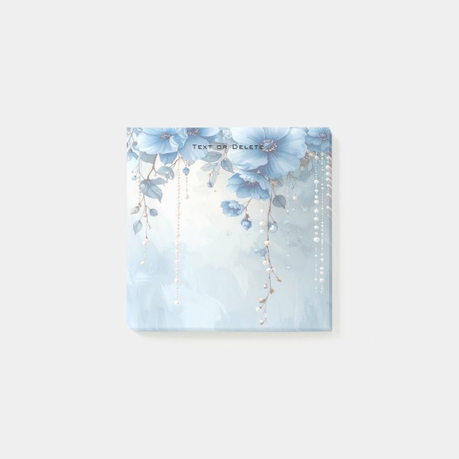 Bloco De Notas Blue Flowers and Pearls Post it Notes (Frente)