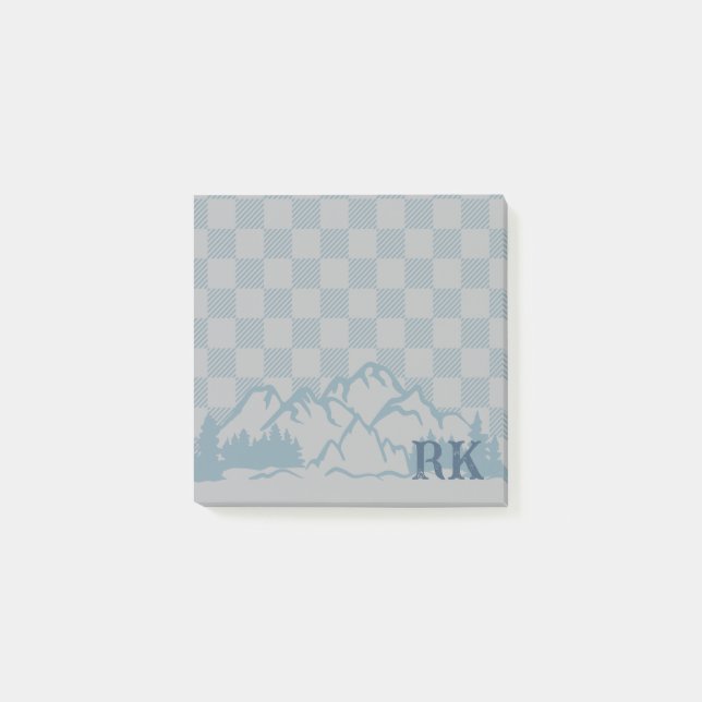 Bloco De Notas Blue Gray Check Pattern Rustic Mountains Monogram (Frente)